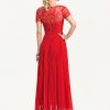 Formal & Evening | A-line Scoop Illusion Floor-Length Lace Chiffon Evening Dress With Pleated Red – Womens