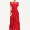 Formal & Evening | A-line Scoop Illusion Floor-Length Lace Chiffon Evening Dress With Pleated Red – Womens