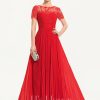 Formal & Evening | A-line Scoop Illusion Floor-Length Lace Chiffon Evening Dress With Pleated Red – Womens