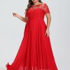 Formal & Evening | A-line Scoop Illusion Floor-Length Lace Chiffon Evening Dress With Pleated Red – Womens