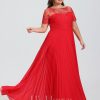 Formal & Evening | A-line Scoop Illusion Floor-Length Lace Chiffon Evening Dress With Pleated Red – Womens