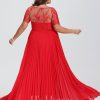 Formal & Evening | A-line Scoop Illusion Floor-Length Lace Chiffon Evening Dress With Pleated Red – Womens