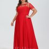 Formal & Evening | A-line Scoop Illusion Floor-Length Lace Chiffon Evening Dress With Pleated Red – Womens