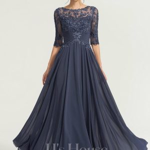 Formal & Evening | A-line Scoop Illusion Floor-Length Lace Chiffon Evening Dress With Pleated Sequins Stormy – Womens