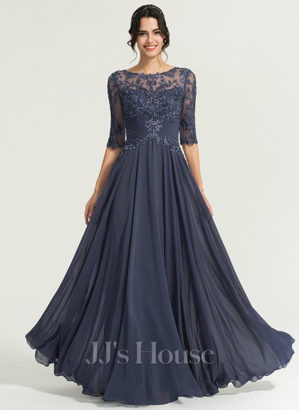 Formal & Evening | A-line Scoop Illusion Floor-Length Lace Chiffon Evening Dress With Pleated Sequins Stormy – Womens