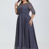 Formal & Evening | A-line Scoop Illusion Floor-Length Lace Chiffon Evening Dress With Pleated Sequins Stormy – Womens