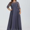 Formal & Evening | A-line Scoop Illusion Floor-Length Lace Chiffon Evening Dress With Pleated Sequins Stormy – Womens