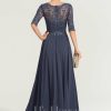 Formal & Evening | A-line Scoop Illusion Floor-Length Lace Chiffon Evening Dress With Pleated Sequins Stormy – Womens