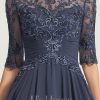 Formal & Evening | A-line Scoop Illusion Floor-Length Lace Chiffon Evening Dress With Pleated Sequins Stormy – Womens