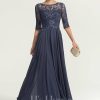 Formal & Evening | A-line Scoop Illusion Floor-Length Lace Chiffon Evening Dress With Pleated Sequins Stormy – Womens