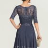 Formal & Evening | A-line Scoop Illusion Floor-Length Lace Chiffon Evening Dress With Pleated Sequins Stormy – Womens