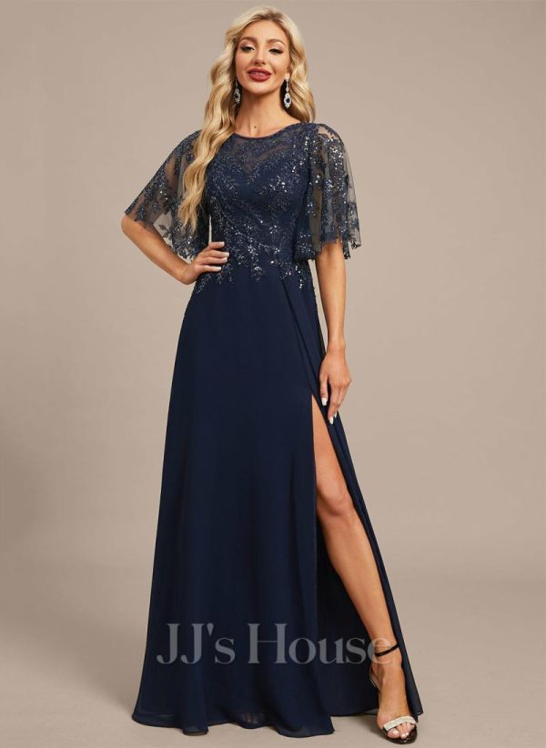 Formal & Evening | A-line Scoop Illusion Floor-Length Lace Chiffon Evening Dress With Sequins As Picture – Womens