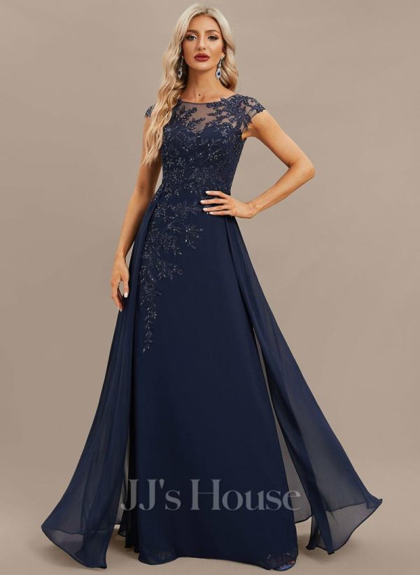 Formal & Evening | A-line Scoop Illusion Floor-Length Lace Chiffon Evening Dress With Sequins As Picture – Womens