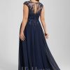 Formal & Evening | A-line Scoop Illusion Floor-Length Lace Chiffon Evening Dress With Sequins As Picture – Womens