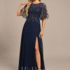 Formal & Evening | A-line Scoop Illusion Floor-Length Lace Chiffon Evening Dress With Sequins As Picture – Womens