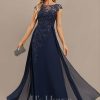 Formal & Evening | A-line Scoop Illusion Floor-Length Lace Chiffon Evening Dress With Sequins As Picture – Womens