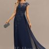 Formal & Evening | A-line Scoop Illusion Floor-Length Lace Chiffon Evening Dress With Sequins As Picture – Womens