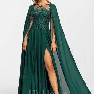 Formal & Evening | A-line Scoop Illusion Floor-Length Lace Chiffon Evening Dress With Sequins Dark Green – Womens