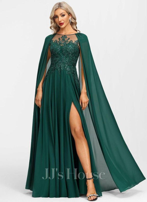 Formal & Evening | A-line Scoop Illusion Floor-Length Lace Chiffon Evening Dress With Sequins Dark Green – Womens