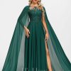 Formal & Evening | A-line Scoop Illusion Floor-Length Lace Chiffon Evening Dress With Sequins Dark Green – Womens