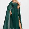 Formal & Evening | A-line Scoop Illusion Floor-Length Lace Chiffon Evening Dress With Sequins Dark Green – Womens