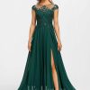 Formal & Evening | A-line Scoop Illusion Floor-Length Lace Chiffon Evening Dress With Sequins Dark Green – Womens