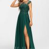 Formal & Evening | A-line Scoop Illusion Floor-Length Lace Chiffon Evening Dress With Sequins Dark Green – Womens