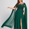 Formal & Evening | A-line Scoop Illusion Floor-Length Lace Chiffon Evening Dress With Sequins Dark Green – Womens