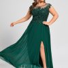 Formal & Evening | A-line Scoop Illusion Floor-Length Lace Chiffon Evening Dress With Sequins Dark Green – Womens