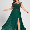 Formal & Evening | A-line Scoop Illusion Floor-Length Lace Chiffon Evening Dress With Sequins Dark Green – Womens