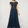 Formal & Evening | A-line Scoop Illusion Floor-Length Lace Chiffon Evening Dress With Sequins Dark Navy – Womens