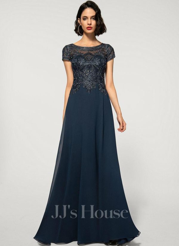 Formal & Evening | A-line Scoop Illusion Floor-Length Lace Chiffon Evening Dress With Sequins Dark Navy – Womens