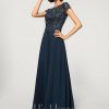 Formal & Evening | A-line Scoop Illusion Floor-Length Lace Chiffon Evening Dress With Sequins Dark Navy – Womens