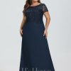 Formal & Evening | A-line Scoop Illusion Floor-Length Lace Chiffon Evening Dress With Sequins Dark Navy – Womens