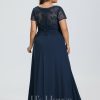 Formal & Evening | A-line Scoop Illusion Floor-Length Lace Chiffon Evening Dress With Sequins Dark Navy – Womens