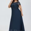 Formal & Evening | A-line Scoop Illusion Floor-Length Lace Chiffon Evening Dress With Sequins Dark Navy – Womens