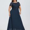 Formal & Evening | A-line Scoop Illusion Floor-Length Lace Chiffon Evening Dress With Sequins Dark Navy – Womens