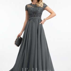 Formal & Evening | A-line Scoop Illusion Floor-Length Lace Chiffon Evening Dress With Sequins Steel Grey – Womens