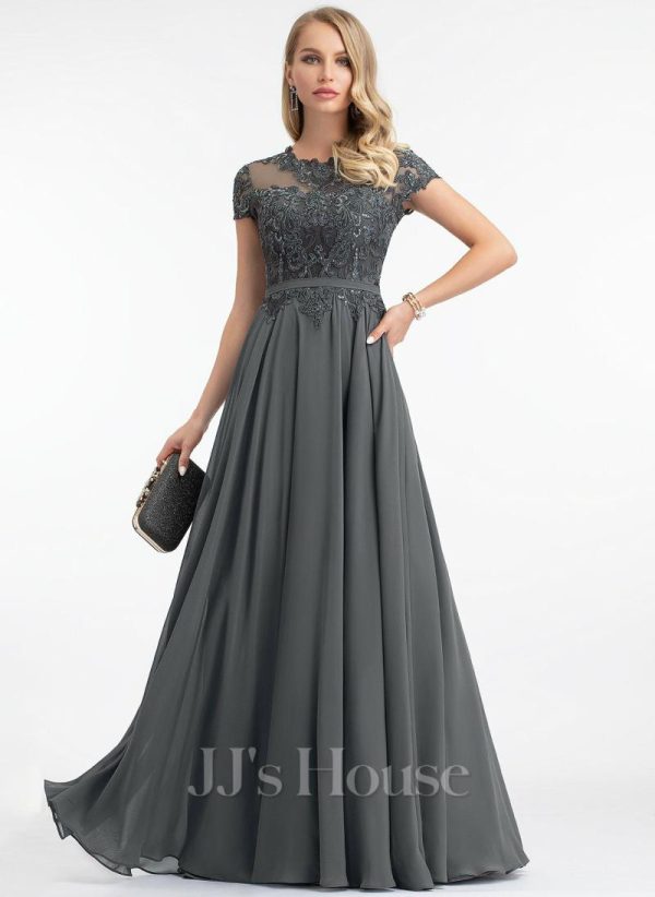 Formal & Evening | A-line Scoop Illusion Floor-Length Lace Chiffon Evening Dress With Sequins Steel Grey – Womens