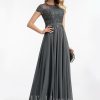 Formal & Evening | A-line Scoop Illusion Floor-Length Lace Chiffon Evening Dress With Sequins Steel Grey – Womens