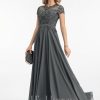 Formal & Evening | A-line Scoop Illusion Floor-Length Lace Chiffon Evening Dress With Sequins Steel Grey – Womens