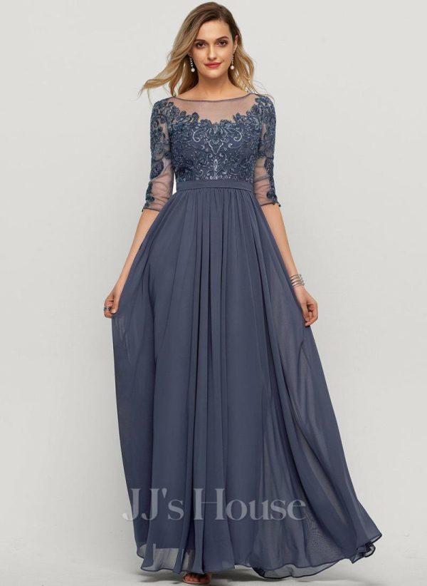 Formal & Evening | A-line Scoop Illusion Floor-Length Lace Chiffon Evening Dress With Sequins Stormy – Womens