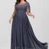 Formal & Evening | A-line Scoop Illusion Floor-Length Lace Chiffon Evening Dress With Sequins Stormy – Womens