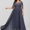 Formal & Evening | A-line Scoop Illusion Floor-Length Lace Chiffon Evening Dress With Sequins Stormy – Womens