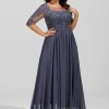 Formal & Evening | A-line Scoop Illusion Floor-Length Lace Chiffon Evening Dress With Sequins Stormy – Womens