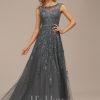 Formal & Evening | A-line Scoop Illusion Floor-Length Lace Tulle Evening Dress With Sequins Beading Steel Grey – Womens