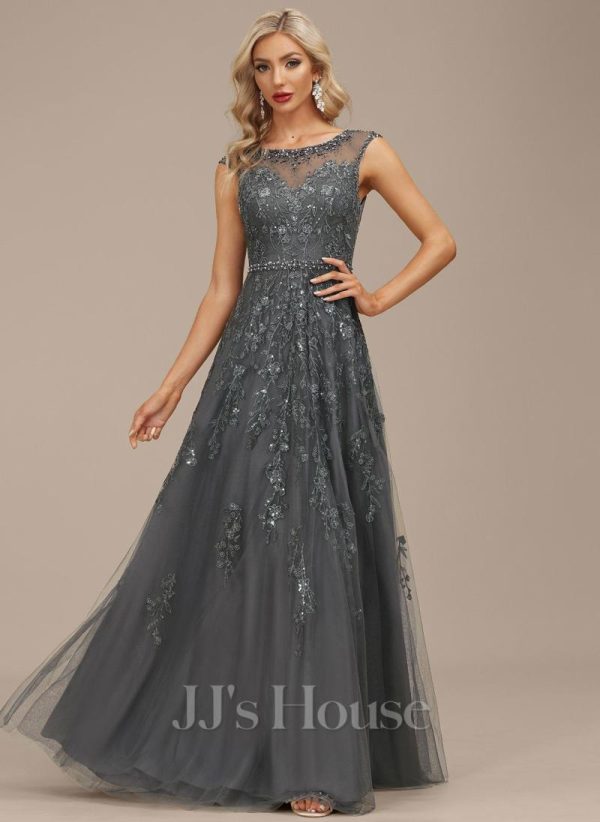 Formal & Evening | A-line Scoop Illusion Floor-Length Lace Tulle Evening Dress With Sequins Beading Steel Grey – Womens