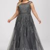 Formal & Evening | A-line Scoop Illusion Floor-Length Lace Tulle Evening Dress With Sequins Beading Steel Grey – Womens