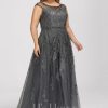 Formal & Evening | A-line Scoop Illusion Floor-Length Lace Tulle Evening Dress With Sequins Beading Steel Grey – Womens