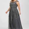 Formal & Evening | A-line Scoop Illusion Floor-Length Lace Tulle Evening Dress With Sequins Beading Steel Grey – Womens